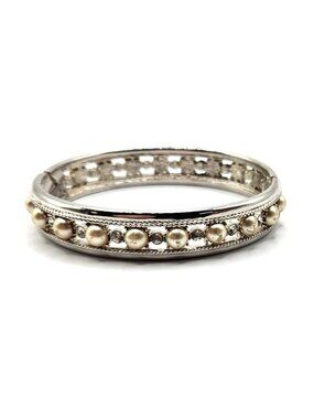 Hinged Bangle Bracelet - Silver Tone Metal Bead Accent